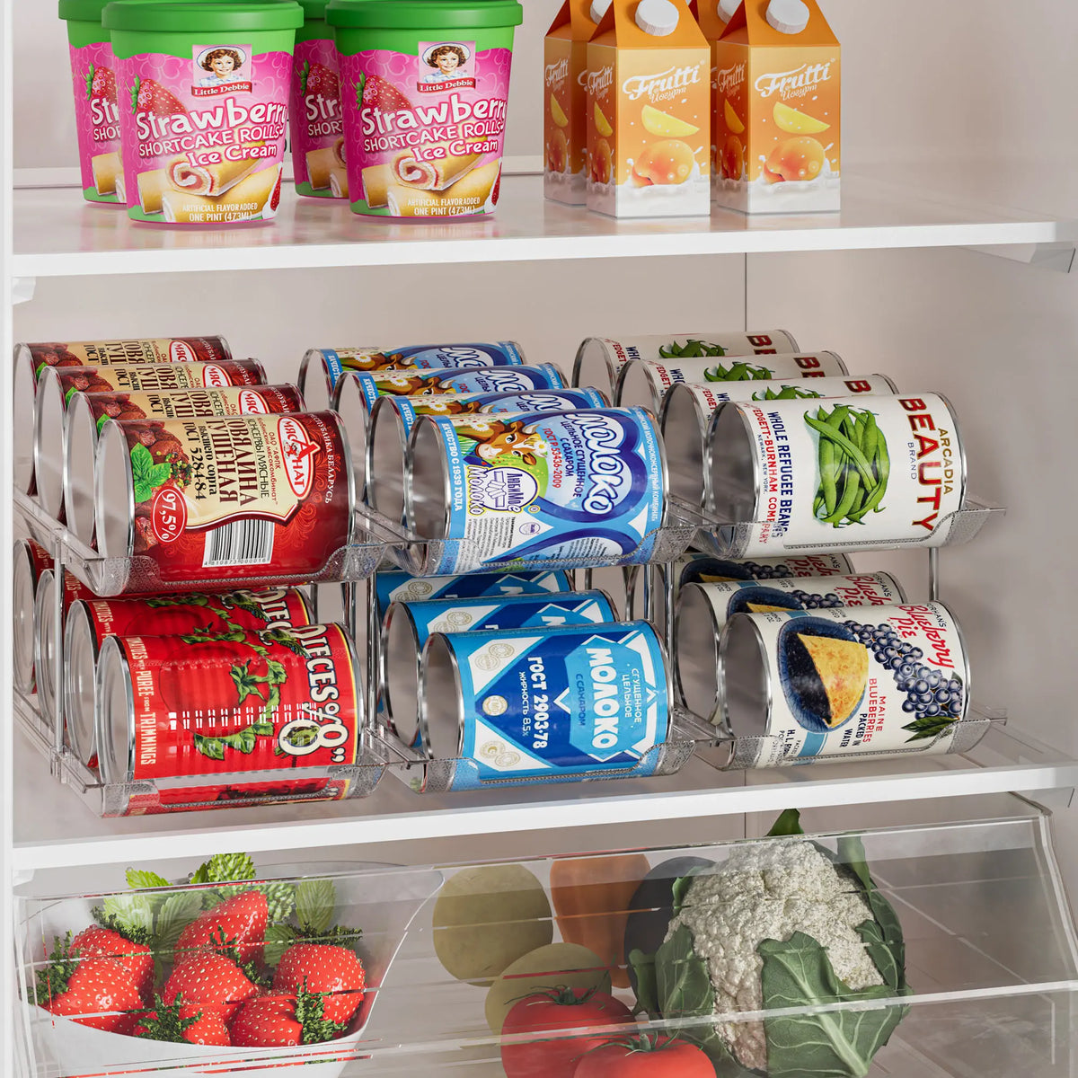 3-Tier Stackable Plastic Can Organizer Shelf - Compact Auto-Rolling Cabinet Organizer Racks, 3 Interlocking Sets Holds 36 Cans, 4.9" Tight Fit Space-Saving Beverage Holder for Pantry & Fridge Organization