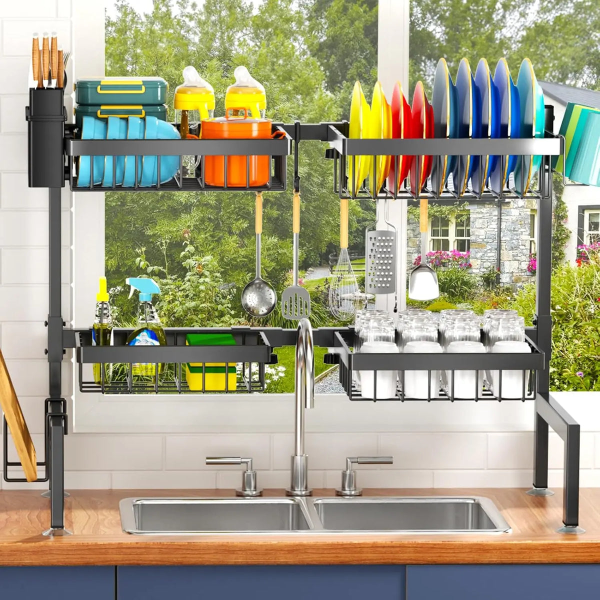 H-Shaped Hard Metal Over Sink Dish Drainer Organizer - 2-Layer Expandable Countertop Rectangle Shelf with 4 Baskets, Adjustable Standing Shelf, Mix-Match Boards for 26.57"-35" Sinks, Efficient Draining, H-Shape Makes Cleaning Easy