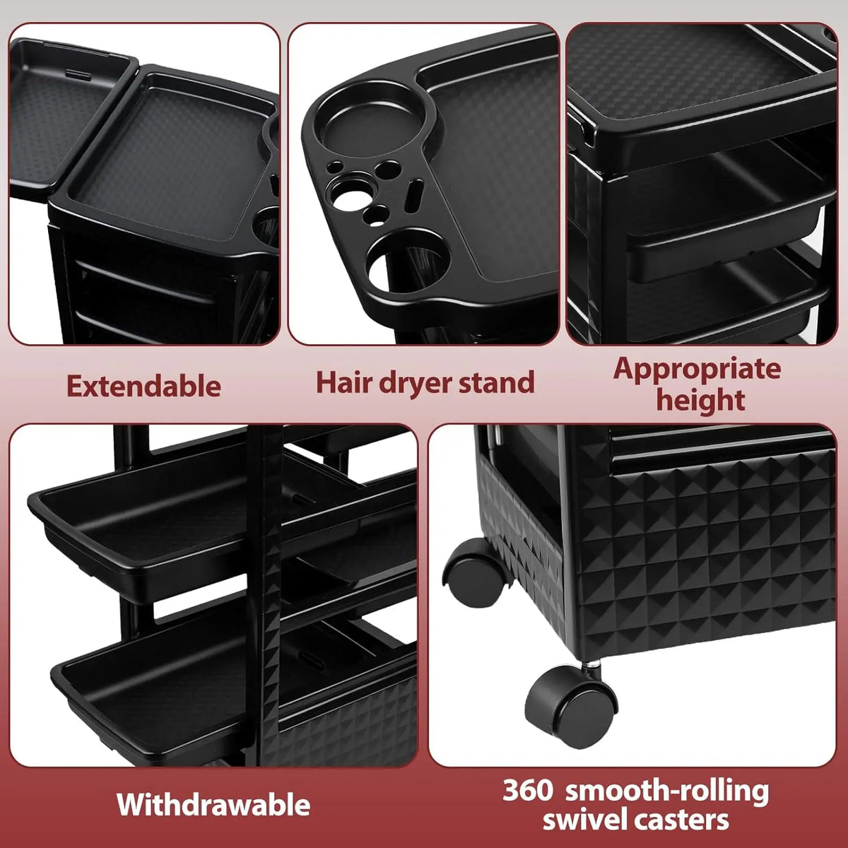 SummerVibes 5-Tier Rolling Beauty Cart – Black Salon Storage with 360° Wheel and 5 Shelves, Salon Organizer of Brush&Styling Tools, Professional Hair Stylist Cart