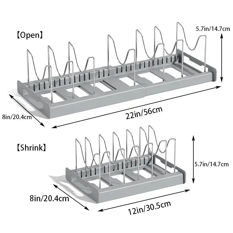 Expandable Pot and Pan Organizer Rack for Cabinet, Pot Lid Organizer with 7 Adjustable Stainless Steel Dividers, Kitchen Storage Rack Holder for Pan Lids & Bakeware Utensils, Countertop & Cabinet Organizer (White/Grey) gift