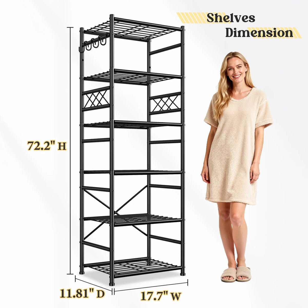 Raybee 5-Tier/6-Tier Storage Shelves, Sturdy Metal Shelving Units with Hooks,Wobble-Free Utility Storage Racks with Leveling Feet,Slim Standing Shelf Organizer for Garage Kitchen Corner Pantry, 17.7”W×11.8”D ×58.3”H