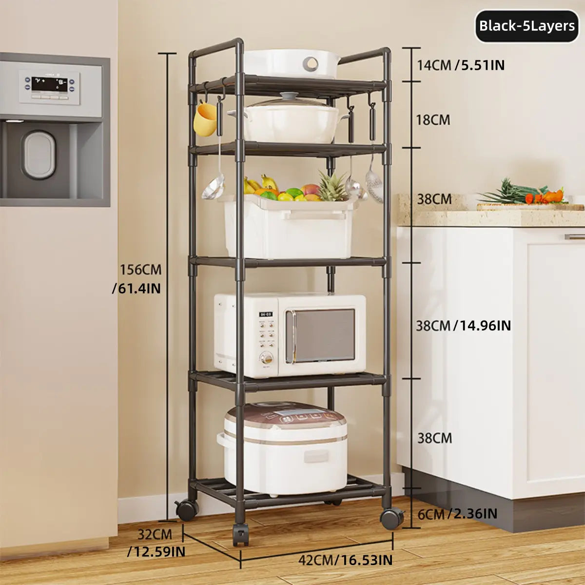 Kitchen Storage Rack, Adjustable Metal Rack, Adjustable Organiser, 3-6 Tier Metal Shelf with Wheeled Mobility, Multi-Purpose Versatile Use Organizer for Oven Pots, Options, Home Bathroom Storage, Layered Shelf Organizer, Multifunctional Storage Shelf