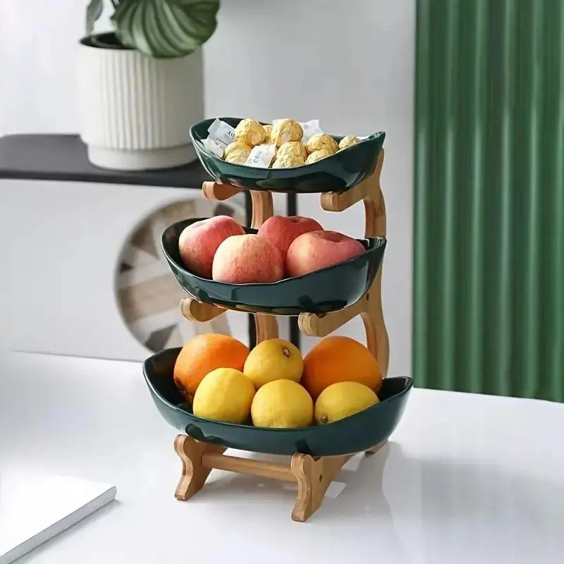 Modern 3-Tier Fruit Basket Stand, Bamboo Frame Snack Tray for Living Room , Space-Saving Countertop Organizer with White Plastic Bowls , Kitchen Countertop Snack Dessert Cake Tray Holder, Countertop Organizer , Decorative Tray , Vegetable Fruit Container