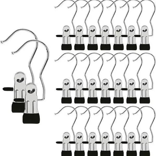 Heavy Duty Stainless Steel Hangers (16-Count) - Anti-Rust Adjustable Clips, Rubber Tips for Fabric Protection, Strong Grip, Waterproof, Non-Slip Neutral Compact Organizer for Towels, Pants - Clothes Storage Solution (Hangers & Pegs)