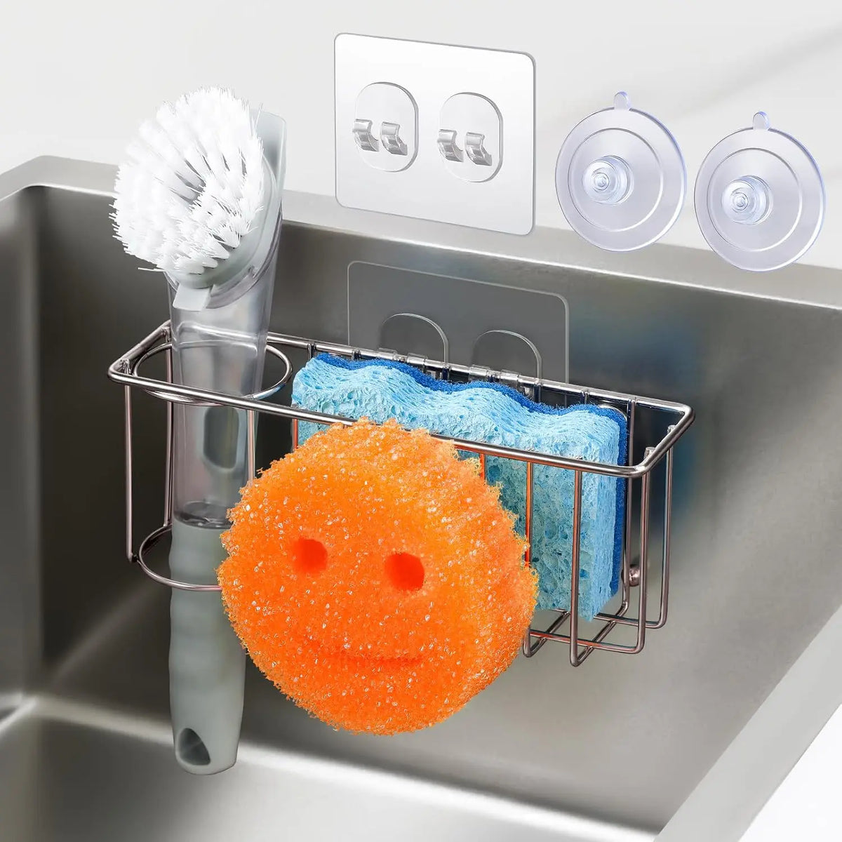 3-In-1 Sponge Holder for Kitchen Sink with Suction Cups & Adhesive Hook , In-sink Sponge Holder, Wall Sink Organizer Rack - Sponge, Dish Cloth, Brush, - 304 Stainless Steel