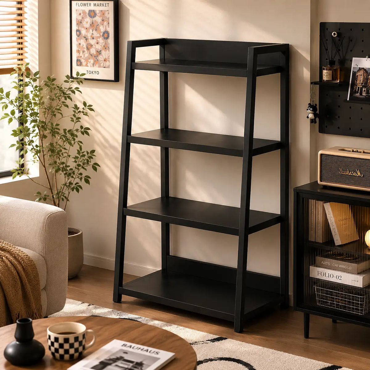 4-Tier Load-Bearing Metal Bookshelf - Floor-Standing Storage Rack, Bedroom Storage Solution, Space Saving Furniture for Small Rooms, Moisture-Resistant Industrial Home Library Organizer