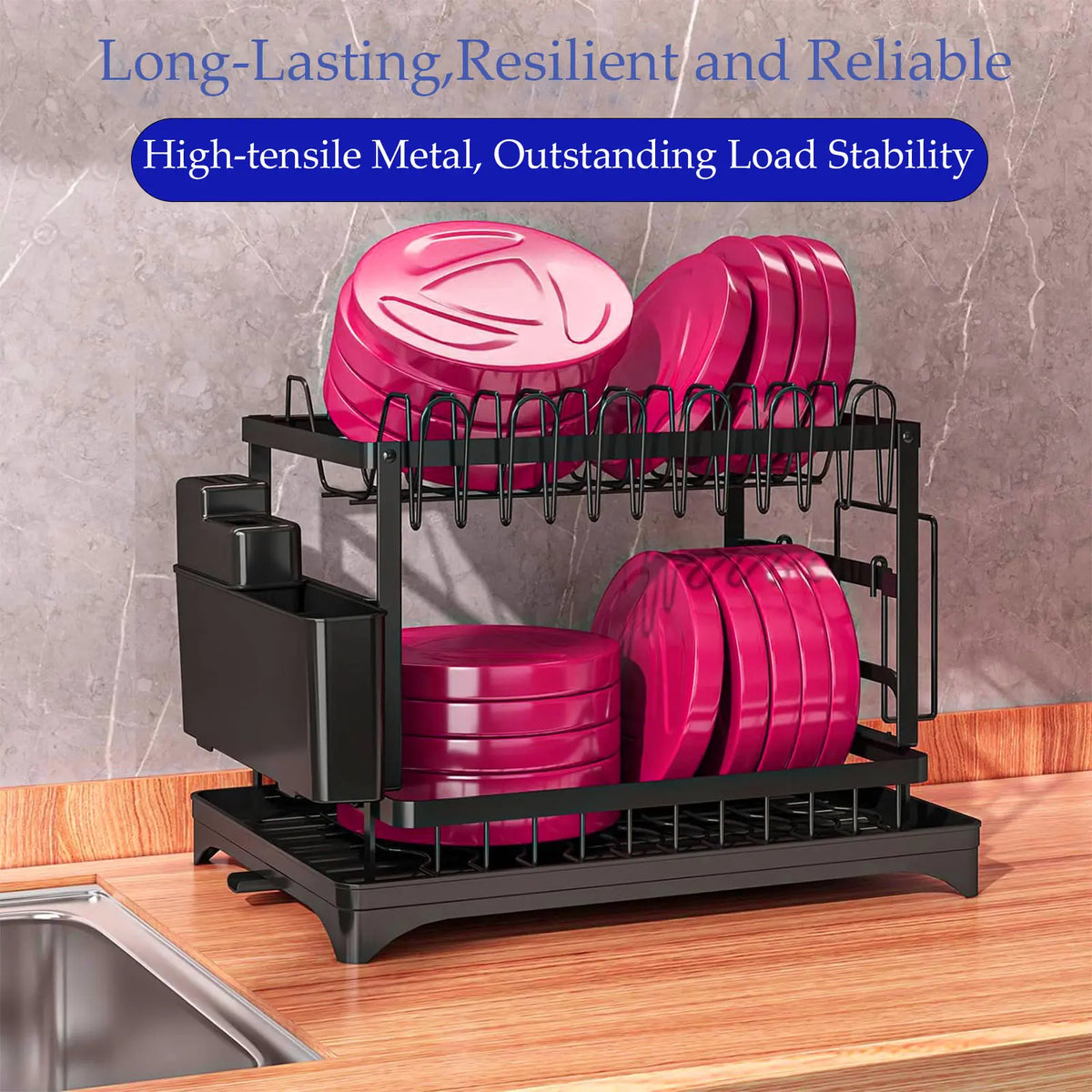 2-Tier Dish Drying Rack with 3 Sponges and 1 Holder, Large Capacity Dish Drying Organizer with Drainboard, Kitchen Space Saver Cutlery Organizer