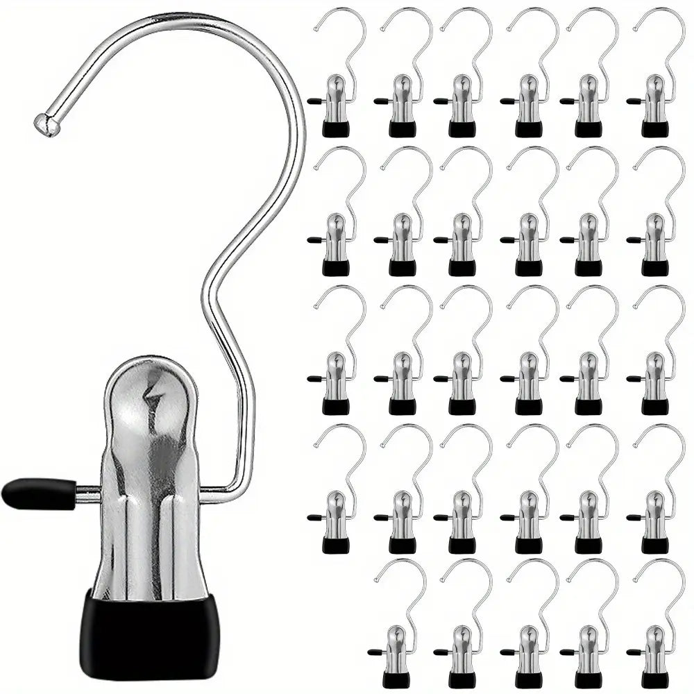 16-Count Adjustable Stainless Steel Anti-Rust Waterproof Bucket Clip Hangers & Pegs Set - Multi-Use Hook with Rotating Clips for Hanging Socks, Clothes Storage, Bedroom Towels, Wet Rooms - Lightweight Space-Saving Home Laundry Organizer