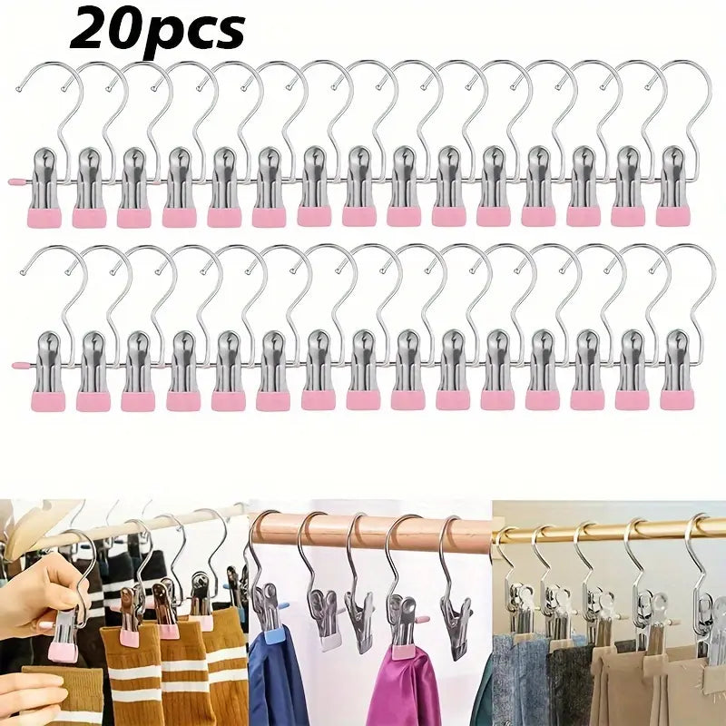 20pcs Multi-Use Clips with Hooks - Portable Hangers Rotatable Clothes Hanger Organizers for Laundry, Pants, Hats & Skirts Hanger Set - 360° Rotating Storage Organizer