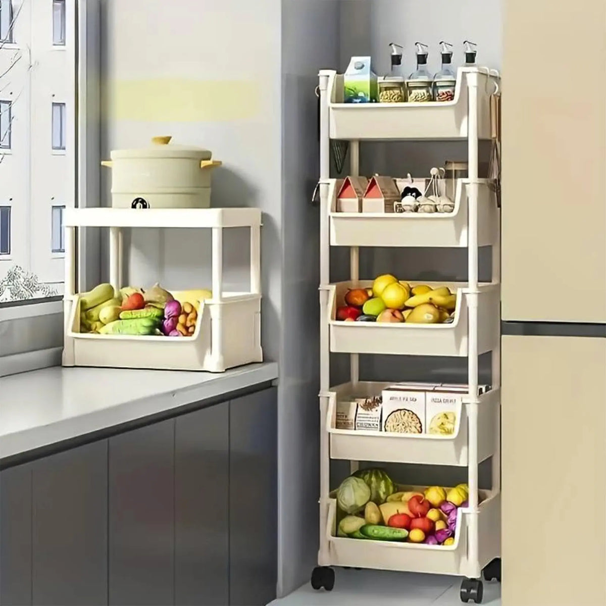 Beige Multifunctional Large-Capacity Plastic Storage Cart with Rolling Wheels - Layered Shelf Racks, Countertop Kitchen Organizer, Accessory Storage Rack, Bedroom Organizer Furniture, Shelves for Bedroom Solution