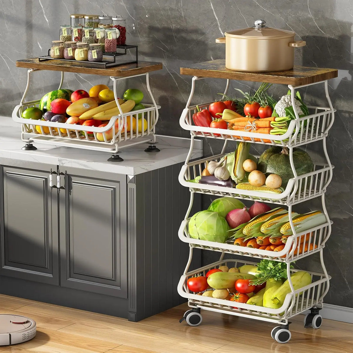 5-Tier Wooden Top Metal Wire Mesh Fruit & Vegetable Organiser, Stackable Kitchen Storage Cart with Wheels, Garage & Pantry Bin Rack for Onions & Potatoes