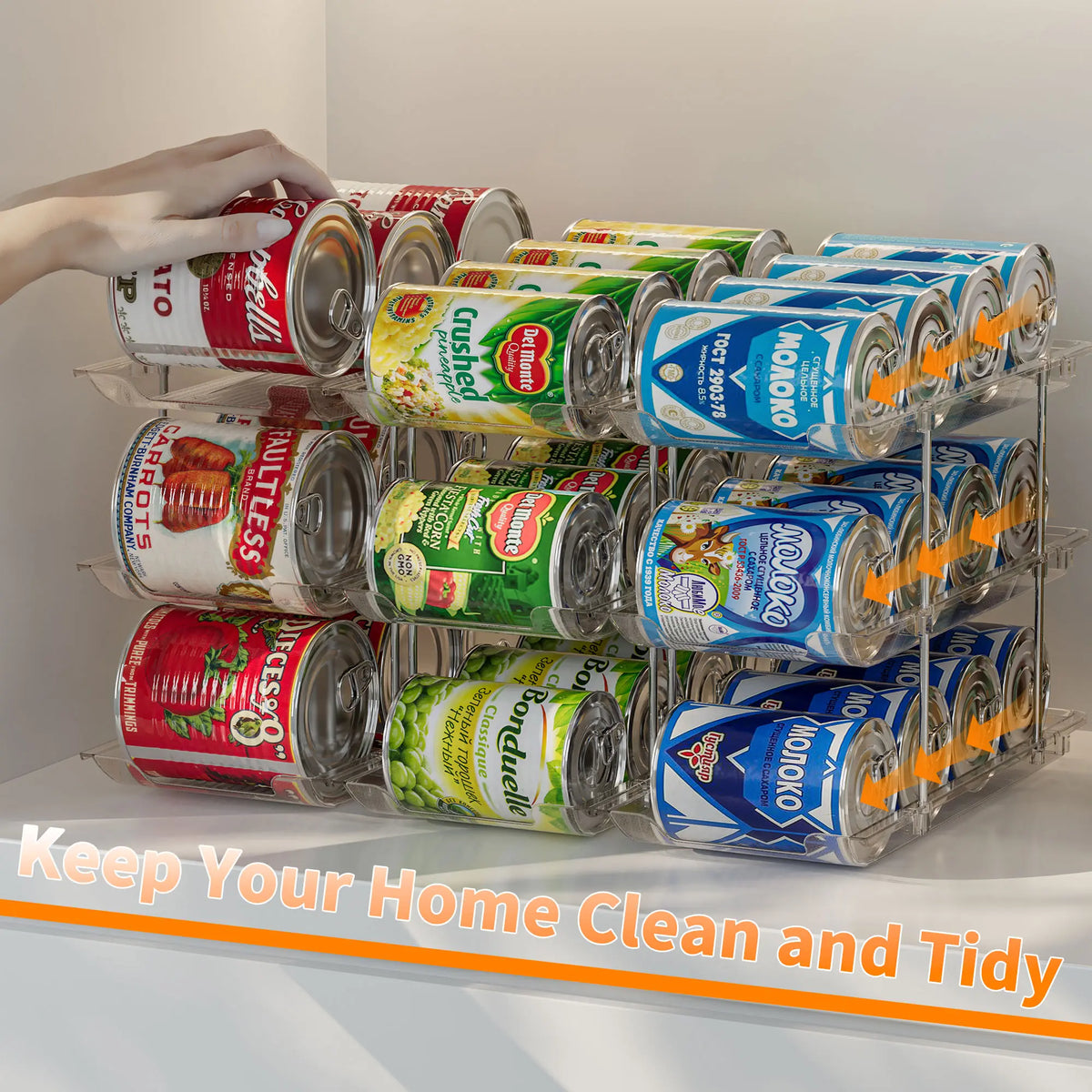 3-Tier Stackable Plastic Can Organizer Shelf - Compact Auto-Rolling Cabinet Organizer Racks, 3 Interlocking Sets Holds 36 Cans, 4.9" Tight Fit Space-Saving Beverage Holder for Pantry & Fridge Organization