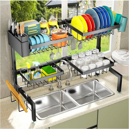 H-Shaped Hard Metal Over Sink Dish Drainer Organizer - 2-Layer Expandable Countertop Rectangle Shelf with 4 Baskets, Adjustable Standing Shelf, Mix-Match Boards for 26.57"-35" Sinks, Efficient Draining, H-Shape Makes Cleaning Easy