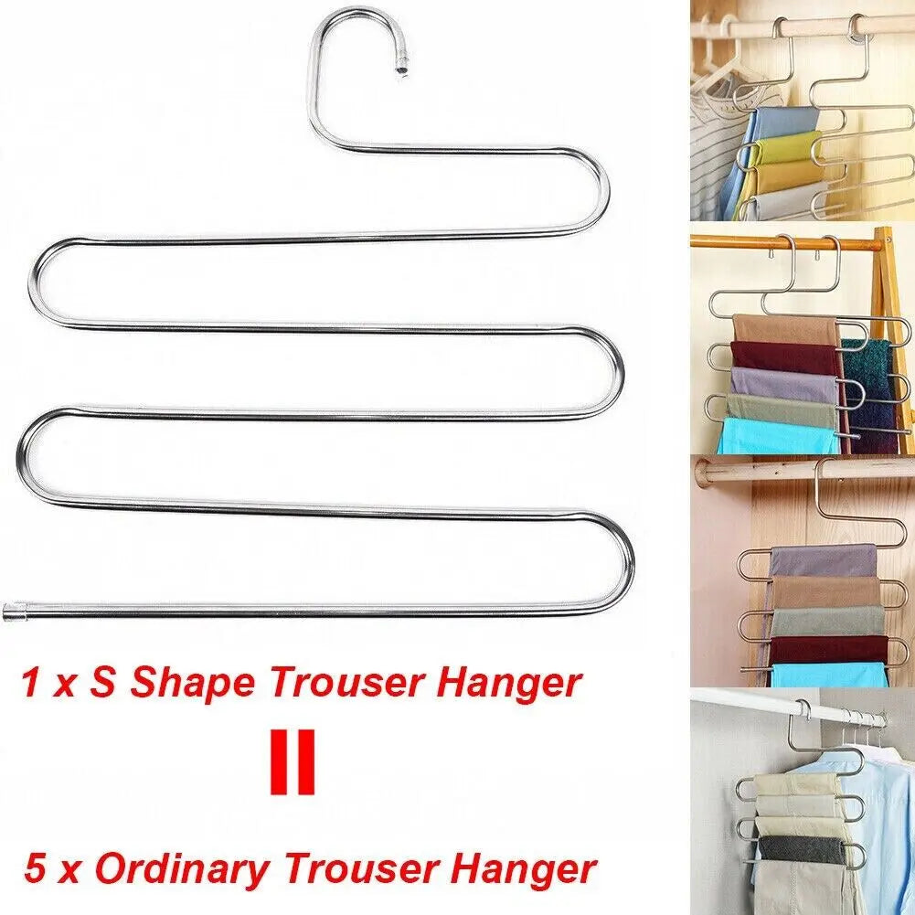 2-Pack Sturdy S-Type 5-Layer Stainless Steel Metal Hangers, 34x36cm Compact Space Saving Home Closet Organizers, Travel-Friendly No-Assembly-Required Hangers for Pants, Towels