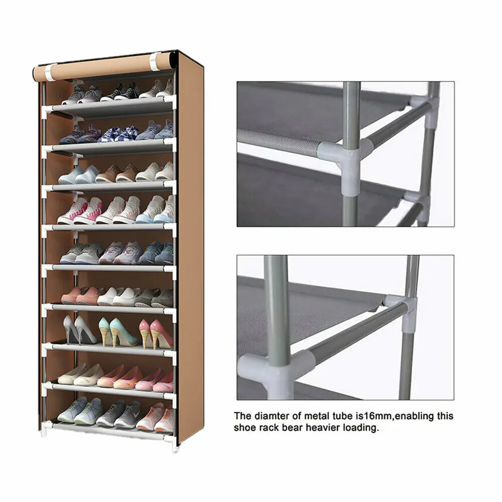 Metal-Plastic Hook Home Storage Organizer, 10-Tier Dustproof Sturdy Rectangle Standing Cabinet with 9 Shelves, Adjustable Multi-Tier Wardrobe Dorm Room Storage Solution