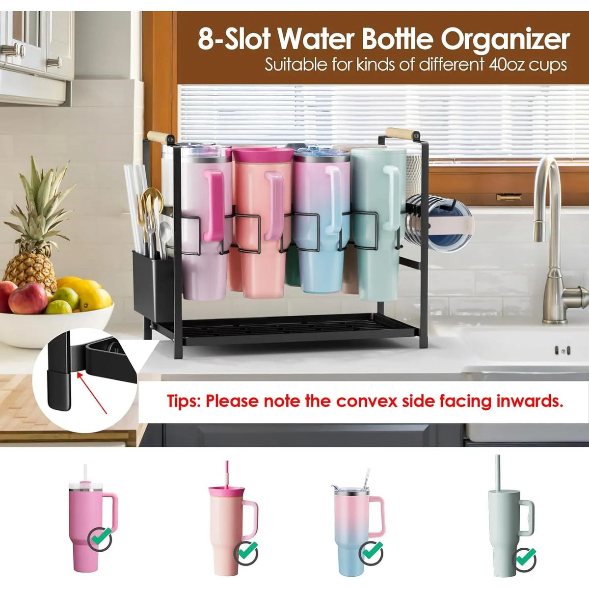 8-Slot Adjustable Smooth Expandable Silicone 2-in-1 Water Bottle Organizer Drying Rack - Kitchen Cabinet Beverage Storage Rack, Cup Organizer for 40 oz Tumblers with Handles (Patented, Removable Silicone Pad, Kitchen Accessories, Father's Day Gifts)