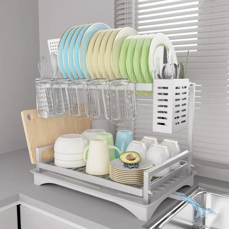 Dish Drying Rack, 2 Tier Dish Racks for Kitchen Counter, Large Dish Drying Rack with Drainboard & Utensil Holders Rust-Proof Dish Drainers Kitchen Organization