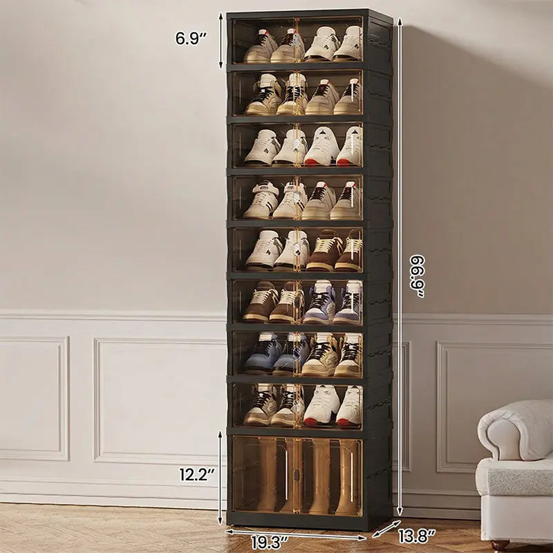 NLDD Extra-Wide & Tall 9-Tier Shoe Cabinet Holds 18 Pairs Clear Doors Wheels for Effortless Storage Stackable Reinforced Frame Ventilation Holes, Shoe Box, Shoe Rack Organizer