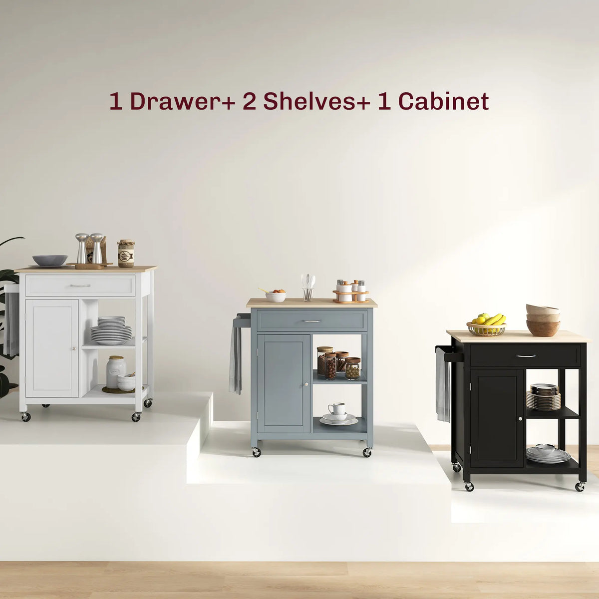 HOMCOM Compact Kitchen Island Organiser Cart on Wheels - Portable Storage Unit with Cabinet, Racks, Storage Shelf & Drawer for Dining Room, Grey