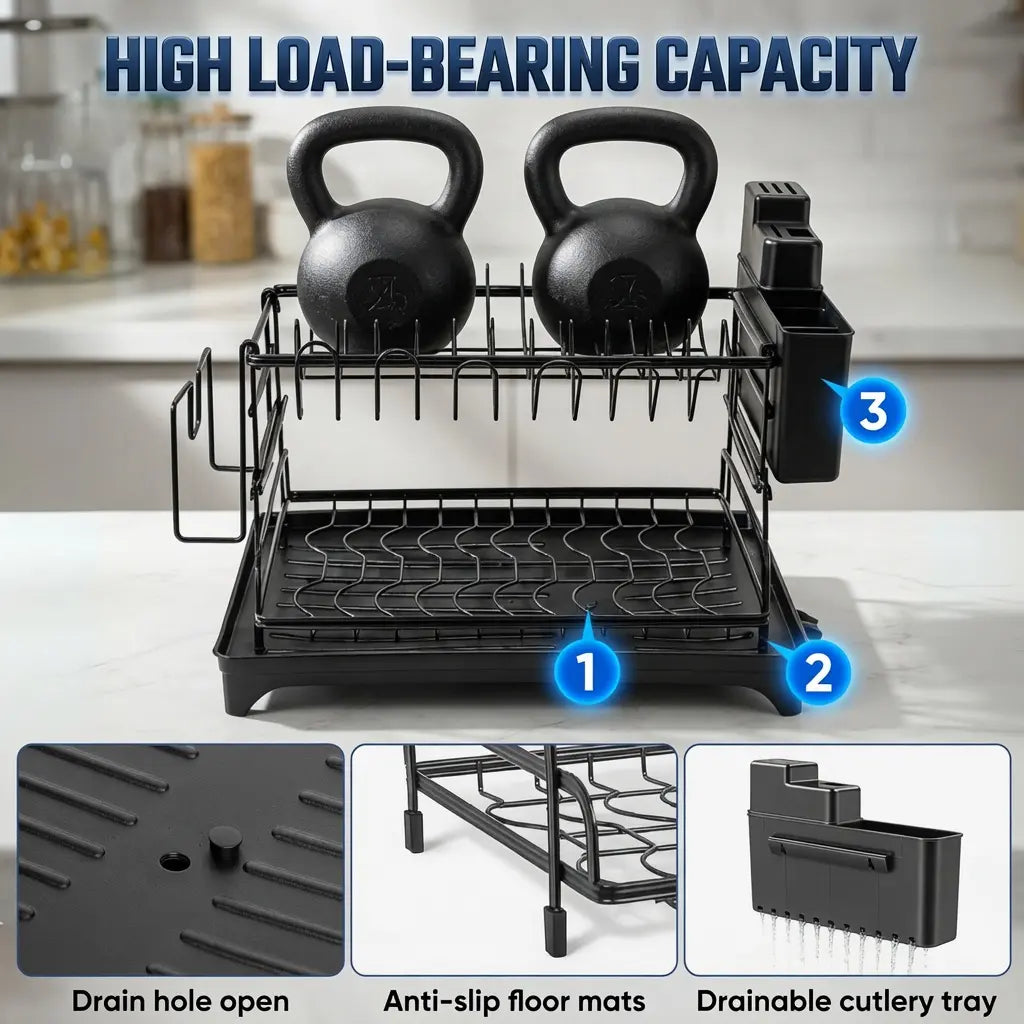 VIREFIRA Black 2-Tier Aluminum Countertop Organizer - 2-Tier Dish Sorting Rack with Compartmentalized Sinkwater Channels, Adjustable Metal Rack, Glass-Safe Holder, Rust-Resistant Rectangle Unit, Easy Wipe Clean for Kitchen Plates Bowls Utensils