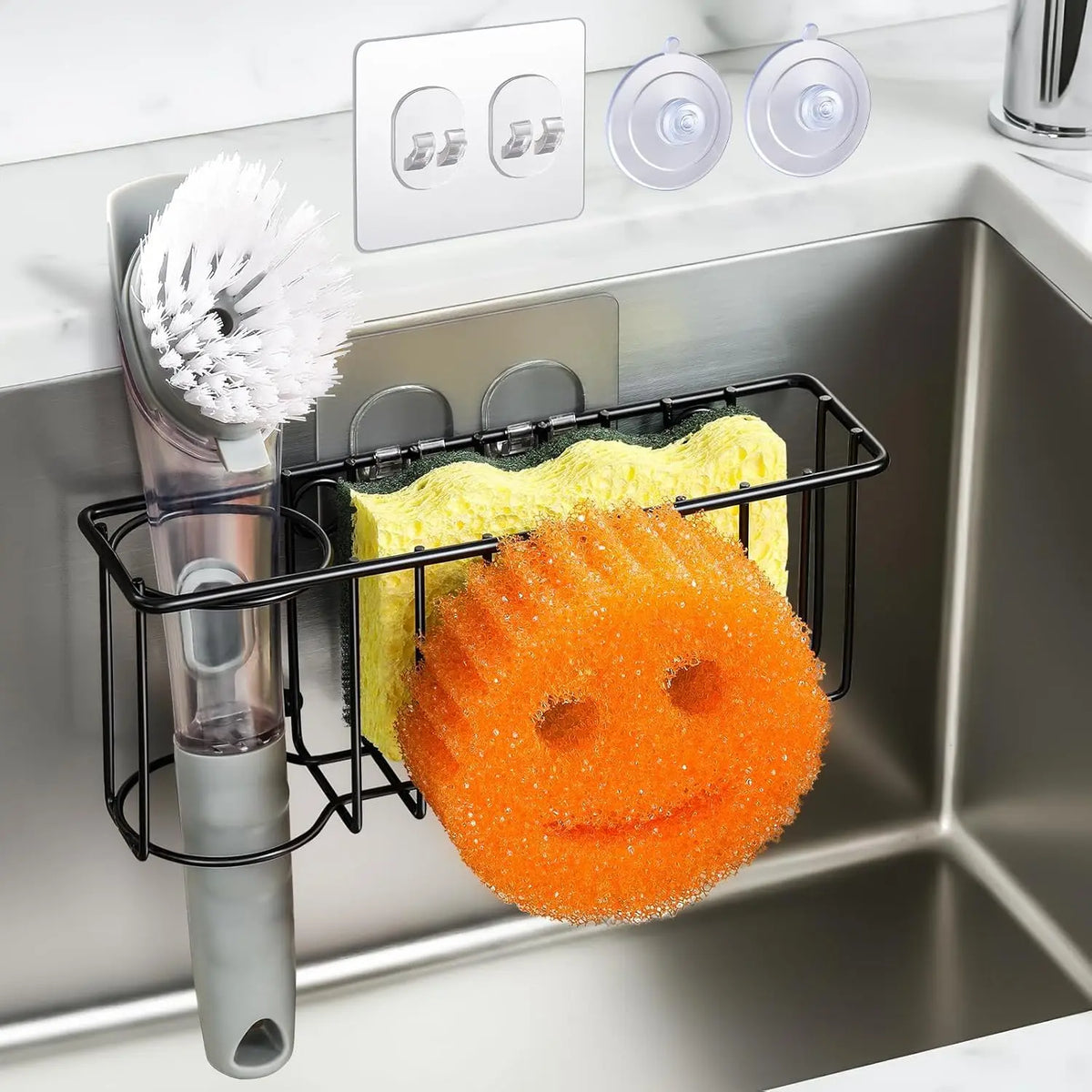 3-In-1 Sponge Holder for Kitchen Sink with Suction Cups & Adhesive Hook , In-sink Sponge Holder, Wall  Sink  Organizer Rack - Sponge, Dish Cloth, Brush,  - 304 Stainless Steel