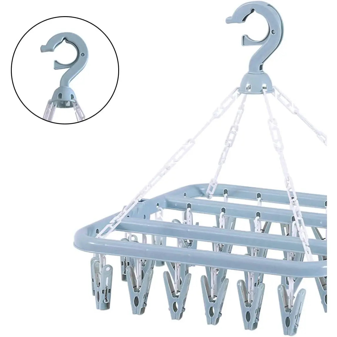 Plastic Folding Clothes Hanger with 32 Clips - Adjustable, Compact, Space-Saving Scandinavian Blue Organiser, Hangers Space Saving for Balcony/Bath, Hanging Drying Rack with Hook
