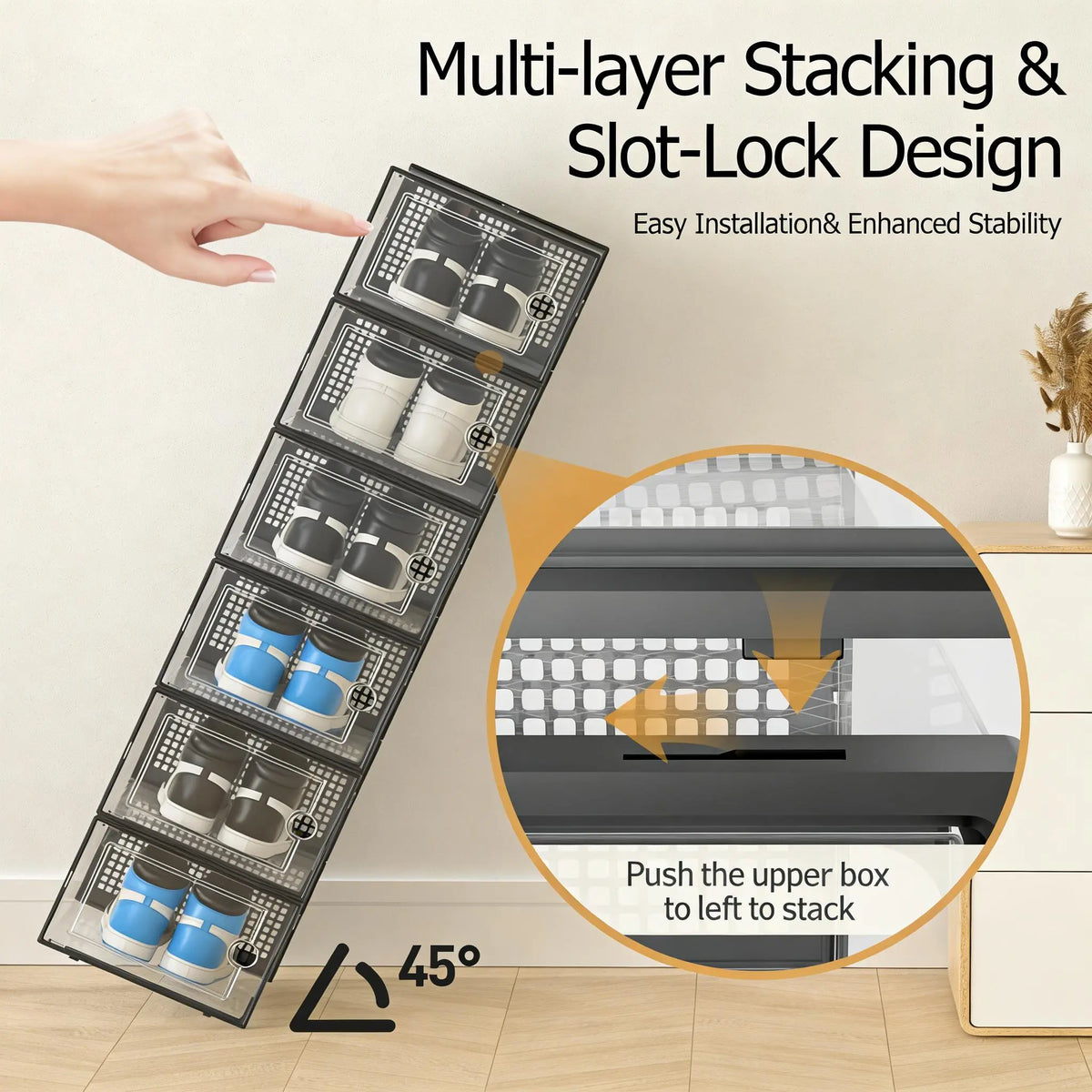 12-Pack X-Large Reinforced Frame Stackable Shoe Storage Boxes - Shoe Rack Substitute, Dust-Protective Closet Storage Solutions, Black Plastic Organizers for Entryway, Under Bed, Toys