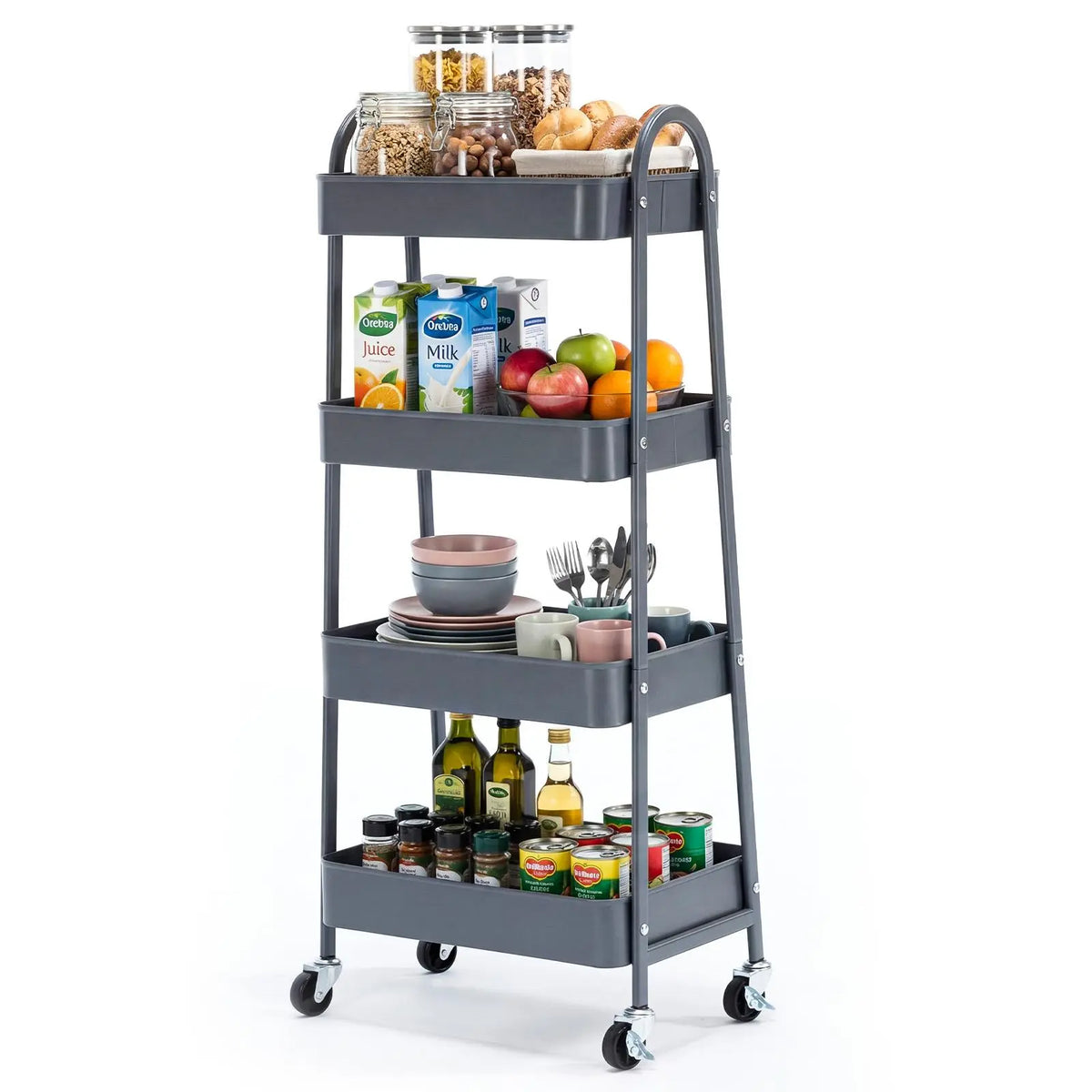 3-Tier Stable Metal Rolling Cart Organization - Indoor Storage Utility Trolley with Locking Wheels, Narrow Mobile Rack for Bedside Snack Cart, Magazine Shelf Use