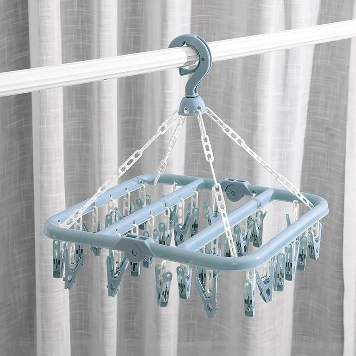 Plastic Folding Clothes Hanger with 32 Clips - Adjustable, Compact, Space-Saving Scandinavian Blue Organiser, Hangers Space Saving for Balcony/Bath, Hanging Drying Rack with Hook