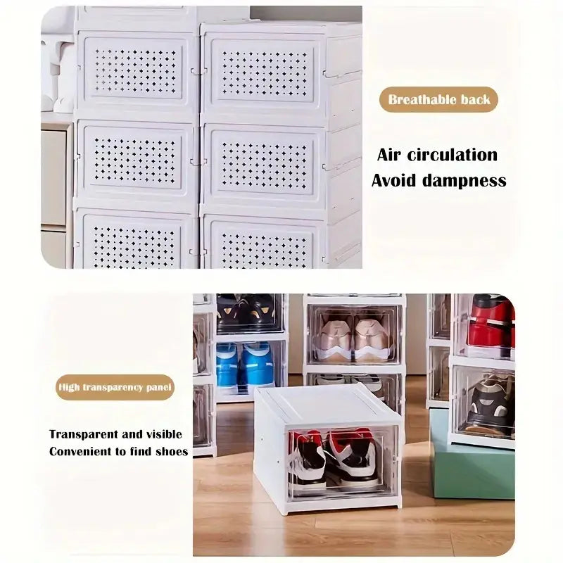 3-Tier / 6-Tier Collapsible Clear Shoe Box with Thickened Dust-Proof Lid & Magnetic Doors – Multifunctional Plastic Storage Cabinet for Sports Shoes & Accessories, No Installation, Space-Saving Modern Design for , Wardrobe & Entryway