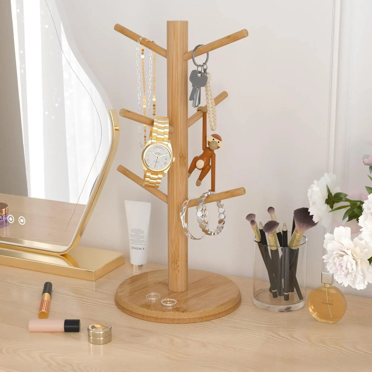 Bamboo Mug Holder Tree with 6 Hooks, Thicker Base Coffee Cup Stand for Countertop, Sturdy and Space-Saving Mug Rack for Kitchen Organizer