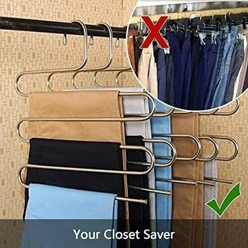 2-Pack Sturdy S-Type 5-Layer Stainless Steel Metal Hangers, 34x36cm Compact Space Saving Home Closet Organizers, Travel-Friendly No-Assembly-Required Hangers for Pants, Towels