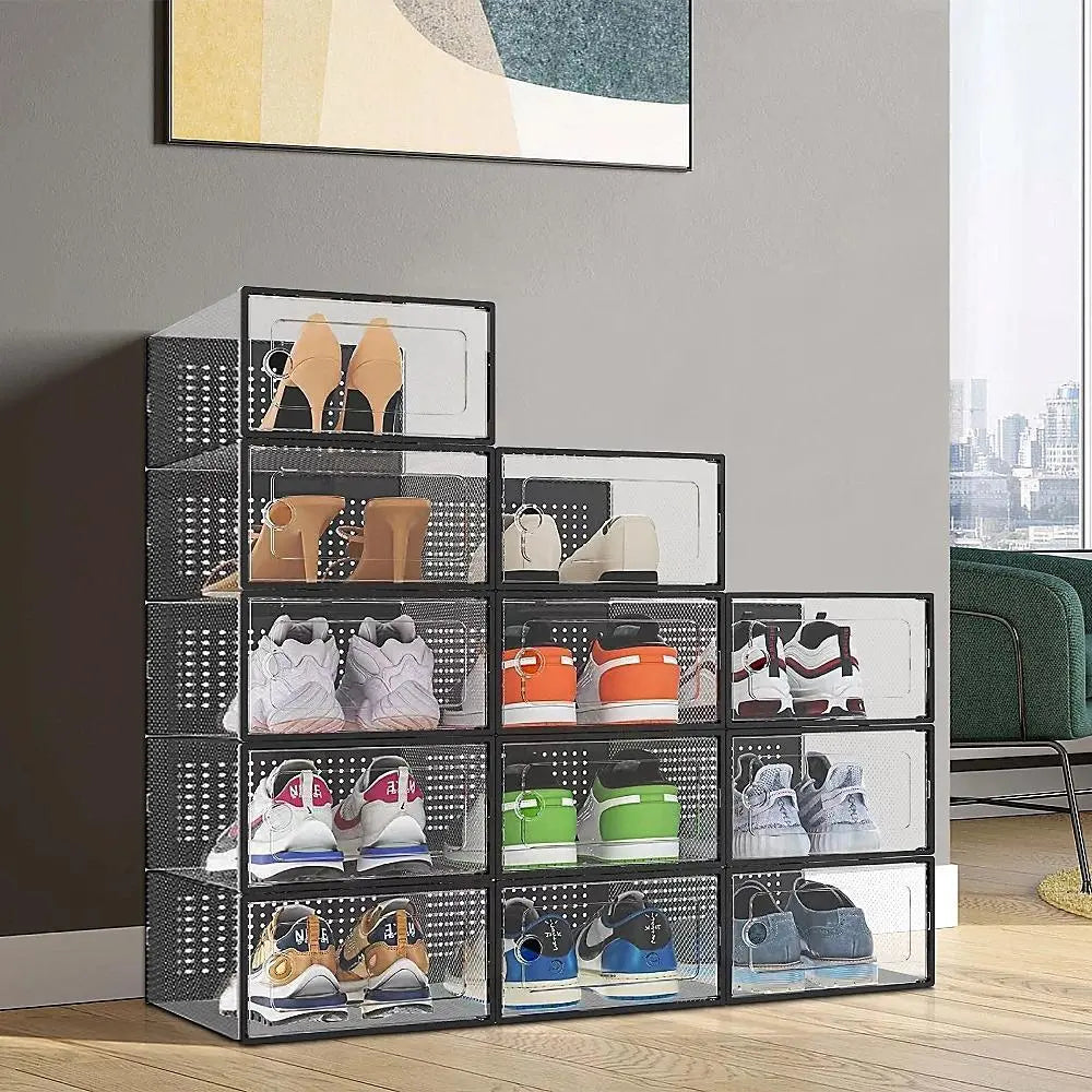 12-Pack X-Large Reinforced Frame Stackable Shoe Storage Boxes - Shoe Rack Substitute, Dust-Protective Closet Storage Solutions, Black Plastic Organizers for Entryway, Under Bed, Toys