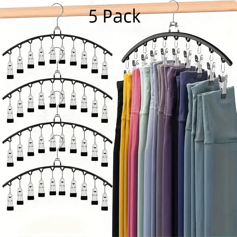 5-Pack Stainless Steel Legging Organizer Hangers for Closet, 10 Rubber-Coated Clips Holds 50 Leggings, Waterproof Space-Saver Hanger with Hook for Yoga Pants, Bras, Scarf, Organizer Storage for Apartment Accessories, RV
