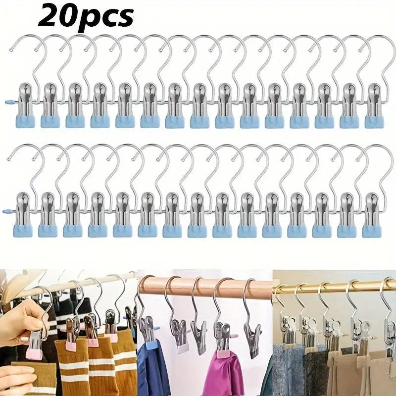 Multi-Functional Metal Clothes Clips with Hooks, Portable 360° Rotating Closet Organizer, Home Storage Clips for Laundry and Apparel, Clip Hangers for Pants