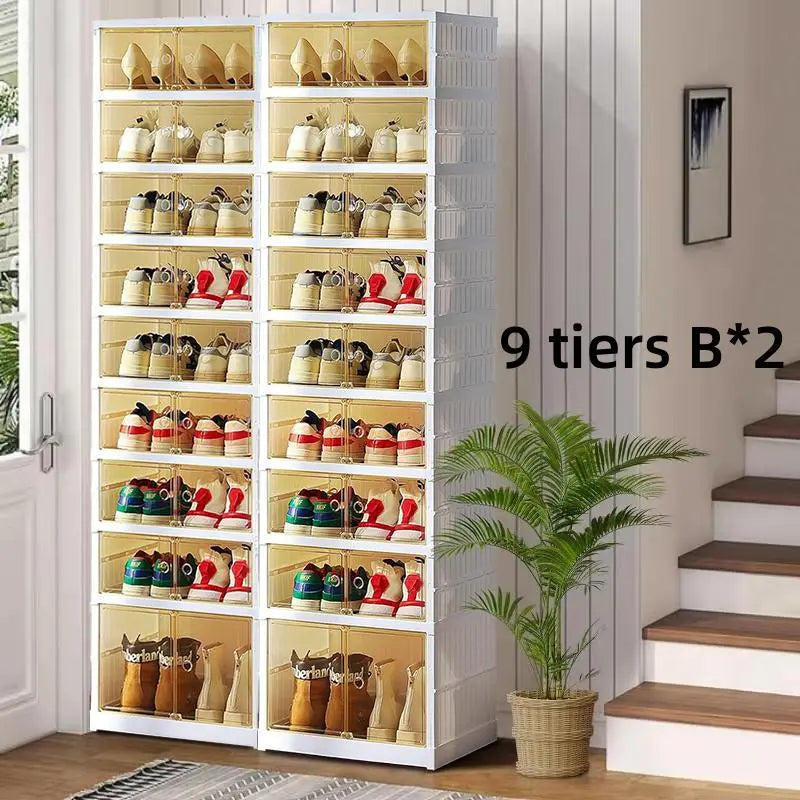 Lingrong 9-Tier Foldable Shoe Rack Organizer for Closet Plastic Shoe Shelf Collapsible Shoes Storage Box Clear Shoe Boxes Stackable