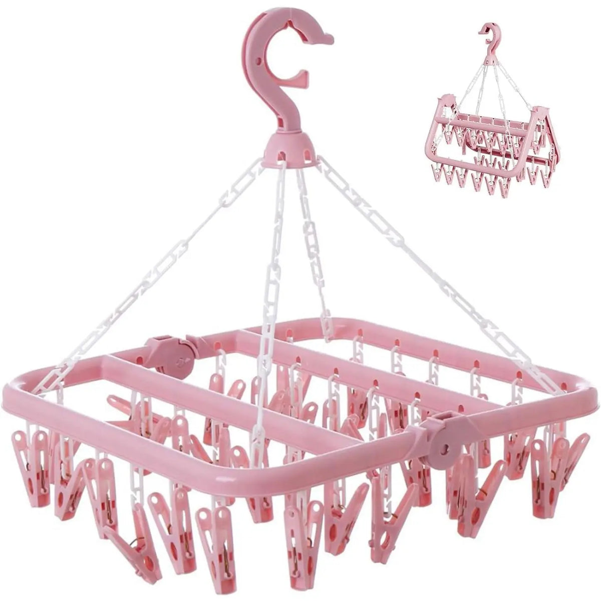 Plastic Compact Laundry Hanging Rack - Lightweight Eco-Friendly Durable Clothing Organizer, 32-Clips Hanger Space Saving Organiser Hanger, Foldable, 360° Rotatable Hook, Wall Mount Option, Adjustable Travel-Ready for Socks