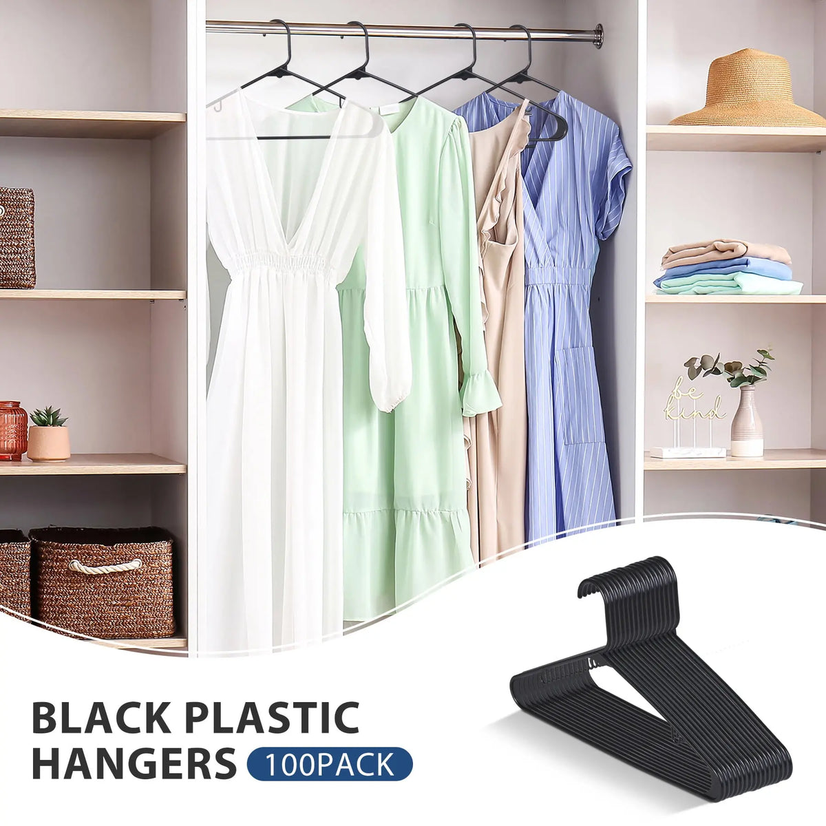 Zeny Bulk Pack Skinny Plastic Closet Hangers (100-Pack, 16in) - Slim Shape Adult-Kids Closet Organization Hangers with Double Hooks, Rounded Edges, 8lbs Capacity, No Creases, Size Details, Package Contents & Support