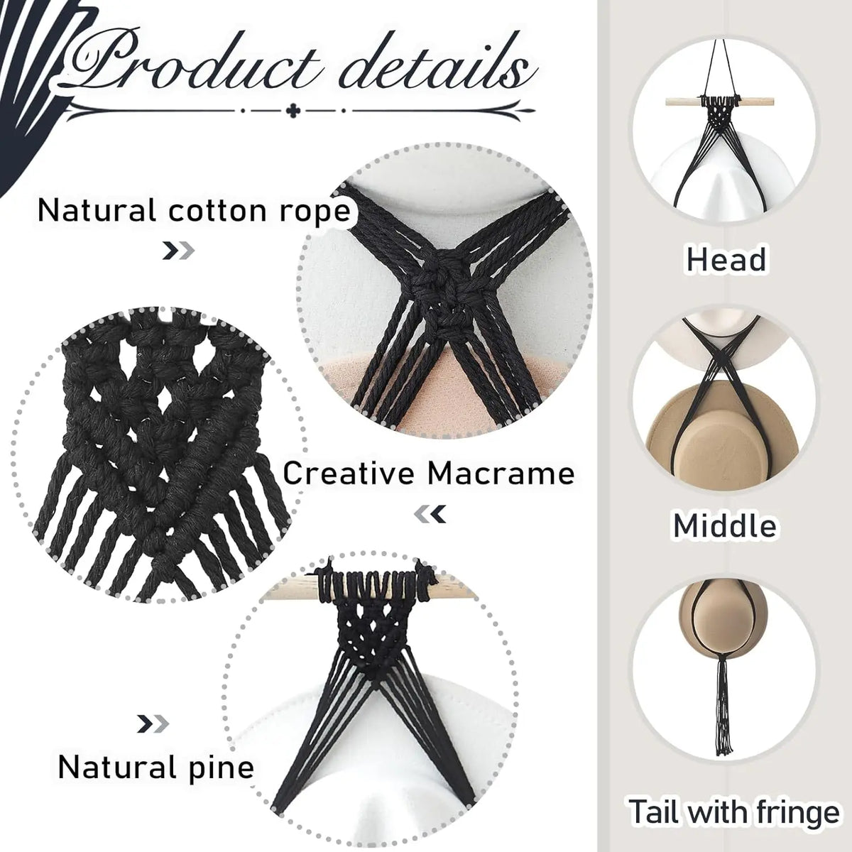 Macrame Hat Hangers Boho Hat Rack Cowboy Hat Hanger  of Door Hat Organizer (Black,Five Hats Style)