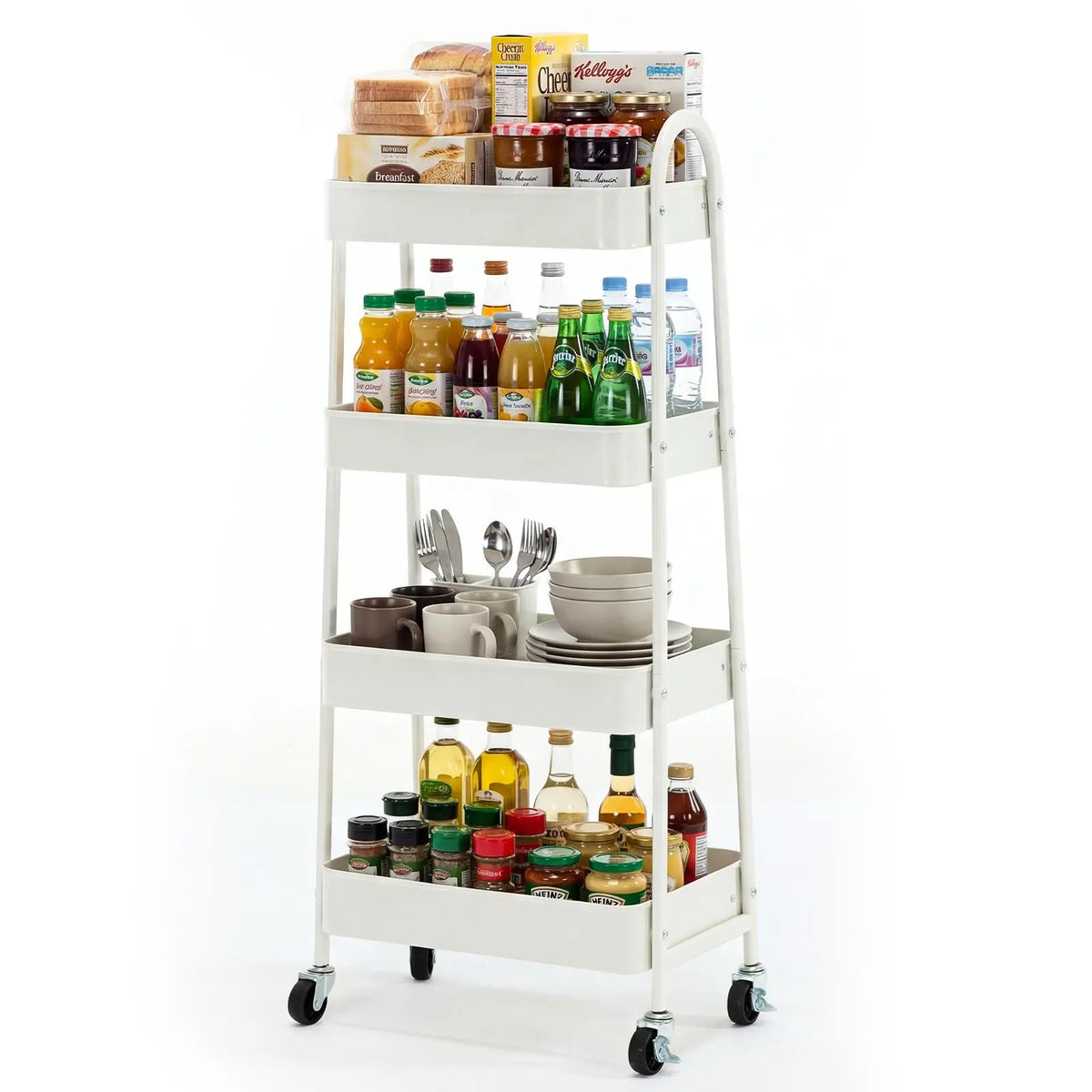 3-Tier Stable Metal Rolling Cart Organization - Indoor Storage Utility Trolley with Locking Wheels, Narrow Mobile Rack for Bedside Snack Cart, Magazine Shelf Use