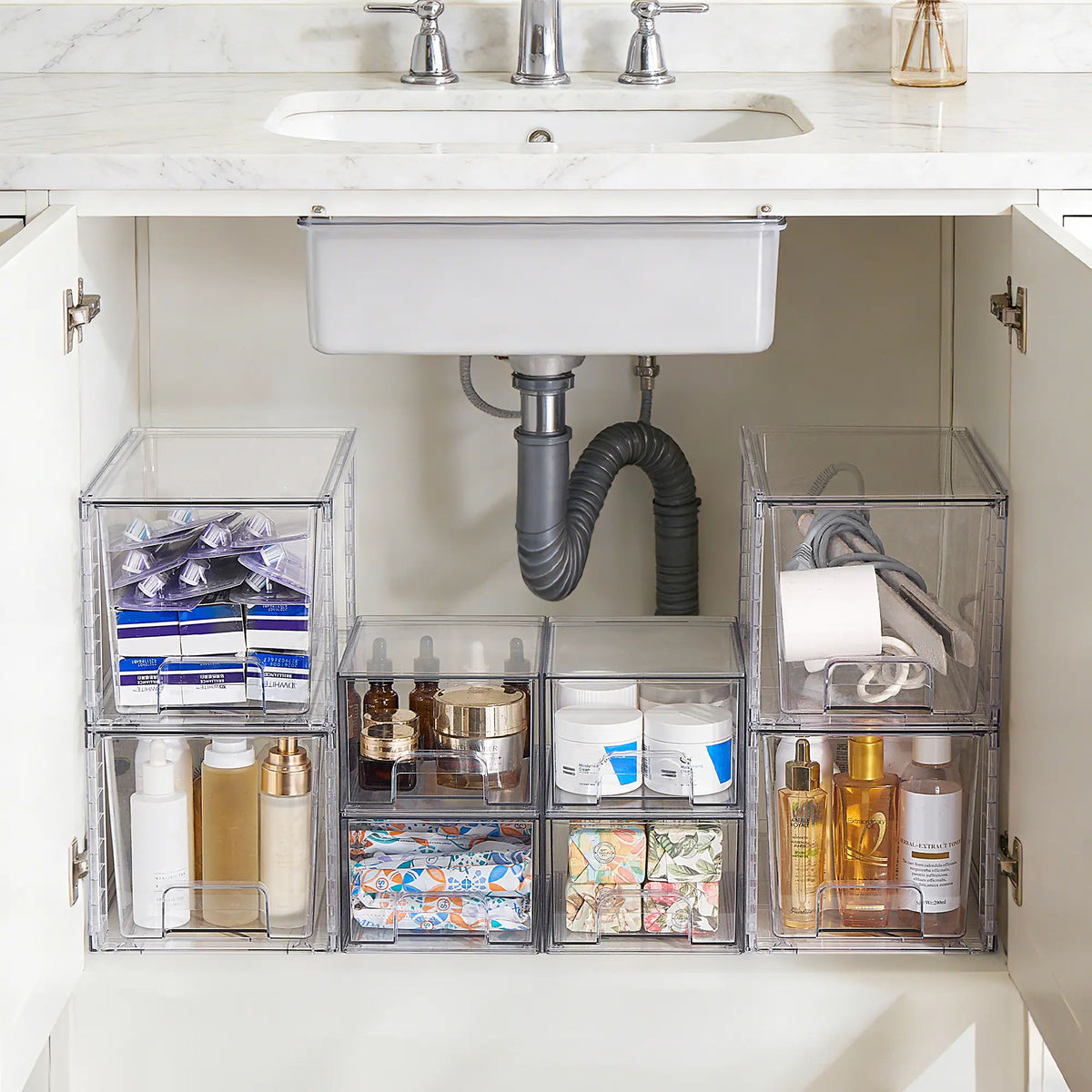 【Restock】Vtopmart 2-8 Pack 12in Stackable Undersink Storage Drawers - Easy-Assemble Plastic Box Organizer, Home Goods Storage Organization Solution for Bathroom Vanity Makeup Cosmetic Organizer Needs