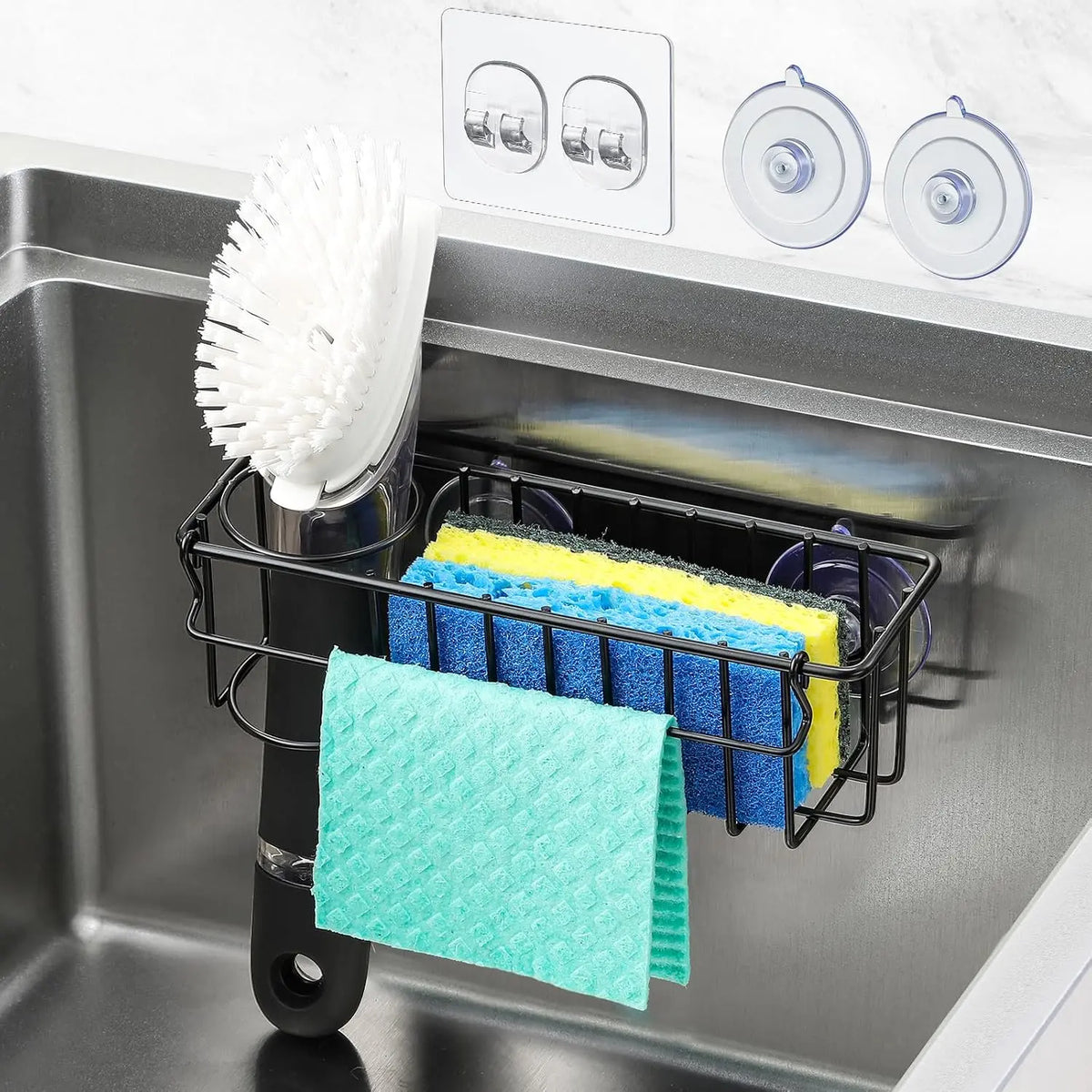3-In-1 Sponge Holder for Kitchen Sink with Suction Cups & Adhesive Hook , In-sink Sponge Holder, Wall  Sink  Organizer Rack - Sponge, Dish Cloth, Brush,  - 304 Stainless Steel