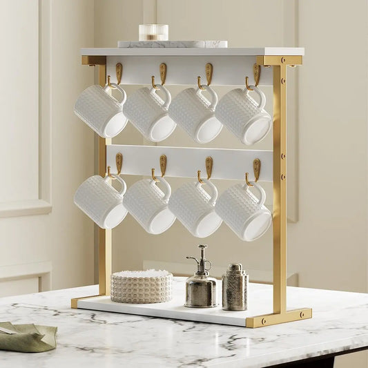 【LIMITED‑TIME DEAL】YATINEY Coffee Mug Holder for Counter, 2 Tier Mug Tree Rack, with 8 Hook and 2 Open Shelves, Vintage Mug Holder Stand for Home Kitchen, White and Gold #SummerVibes#DealsforYouDays #SummerGarden