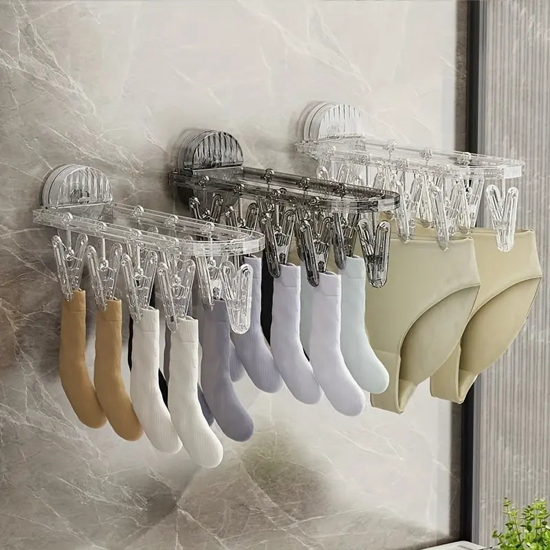 Bathroom Suction Cup Drying Rack, Folding Socks Drying Rack, Household Clothes Rack Multi-Clip Drying Socks Artifact Balcony Glass Socks Clip