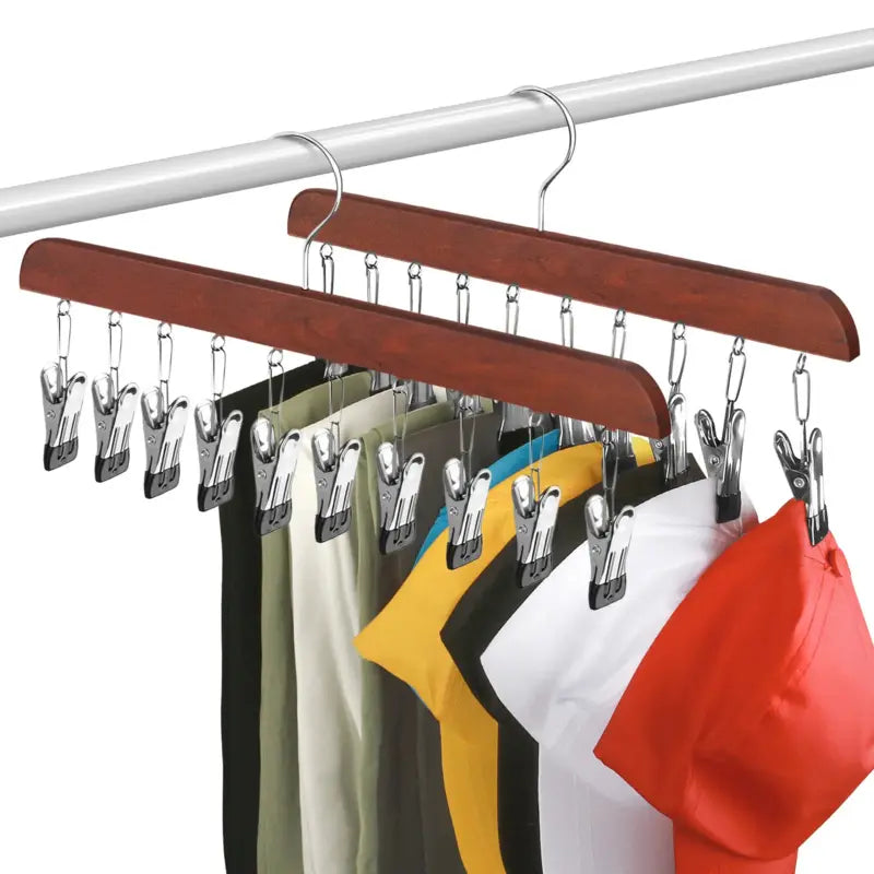 Wooden Leggings Hanger 2-Pack - Hanging Clothes Organizer with 10 Rubber-Coated Clips Each, Holds 20 Leggings, Jackets, Pants, Non-Woven Space-Saving Home Closet Organization Solution