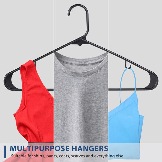 Zeny Bulk Pack Skinny Plastic Closet Hangers (100-Pack, 16in) - Slim Shape Adult-Kids Closet Organization Hangers with Double Hooks, Rounded Edges, 8lbs Capacity, No Creases, Size Details, Package Contents & Support