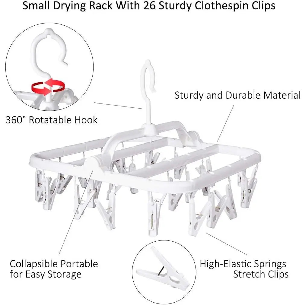 Foldable Clip Hangers with 26 Drying Clips, Underwear Hanger with Clips, Plastic Laundry Clip and Drip Drying Hanger for Socks, Bras, Lingerie, Clothes, Sturdy, White