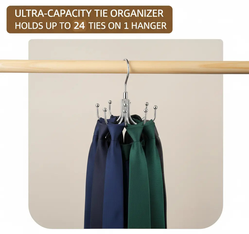 Heavy-Duty Polished Metal Hanging Clothing Organizer - 24-Hook Adjustable 360° Swivel Space Saving Hanger, Home Storage Hooks for Closet Storage, Tie Holder for Belts, Scarves, Purses, Bras, Tank Tops