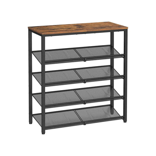 SONGMICS HOME Free-Standing Industrial Shoe Rack - Durable, Space-Saving Shoe Organizer with Sturdy Wooden Top & Steel Frame, Holds 16-20 Pairs, Antitip Kit Incl