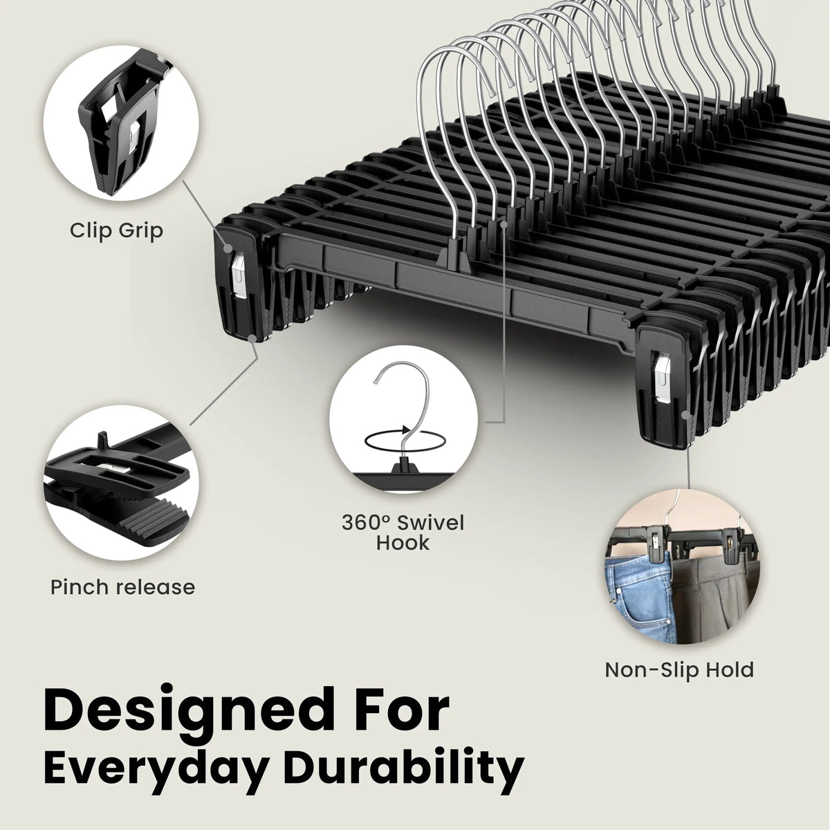 Utopia Home 30-Pack Rust-Resistant Plastic Hangers - Lightweight Slim Profile Space Saver Hangers with Clips, 360° Rotating Swivel Hook, Bedroom Organizer for Skirts, Pants, Jeans (with Box)